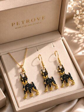 PETROVE Doberman Necklace & Earrings Set – Gold Dog Lover Jewelry Gift